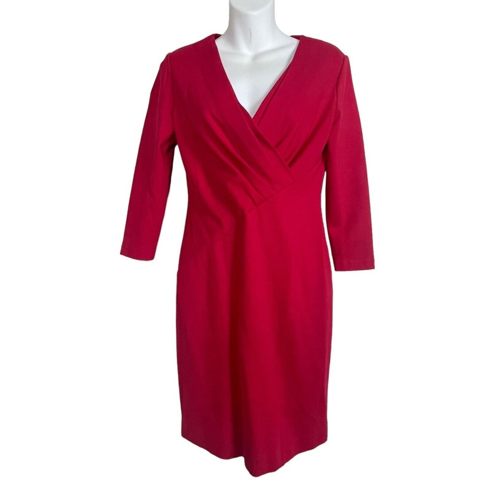 Lafayette 148 New York Red Shift Size 0 Dress Pintuck 3/4 Sleeve Ponte V-Neck Ca